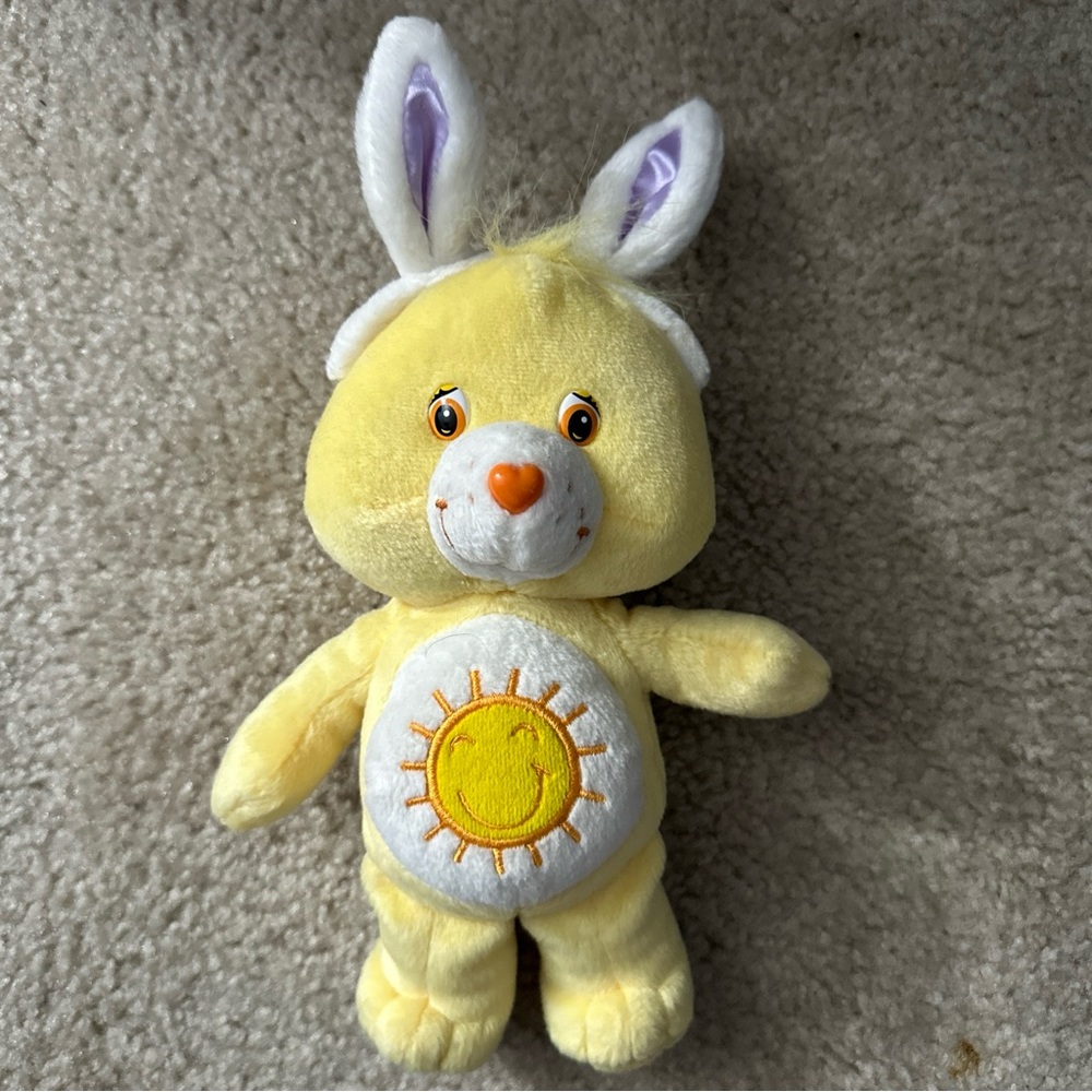 Vintage 2003 Care Bears Funshine Bear Easter Bunny 8" Plush Yellow Sunshine
